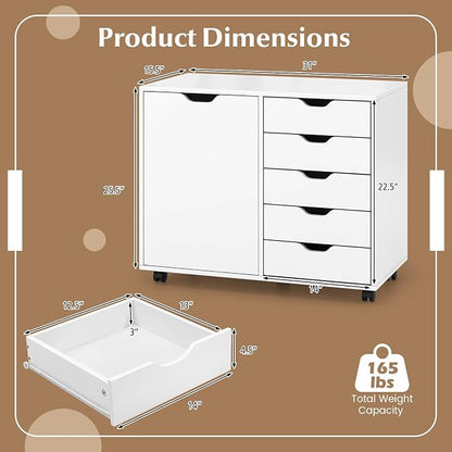 Lateral File Cabinet, 5 Drawers Chest & 1 Side Cabinet, Rolling Storage Cabinet for Home Office, Versatile Filing Cabinet with Wheels, Mobile Printer Stand, Dresser for Bedroom, White