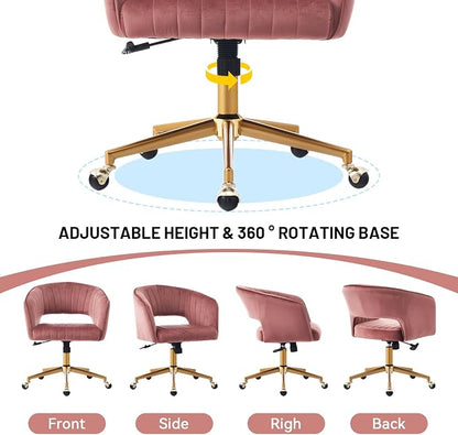 Vanity Chair with Back 360 Swivel Armchair and Gold Base, Criss Cross Chair with Wheels for Vanity Home Office, Living Room, Bedroom and Study (Pink)