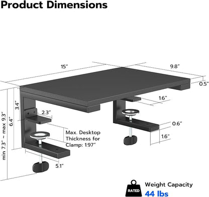 ARES WING Clamp-On Desk Extender & Monitor Shelf – 15" x 9.8" Space Booster, Freestanding or Clamp Mount, Holds 44 lbs, No Drill Desktop Organizer for Office/Gaming, Black