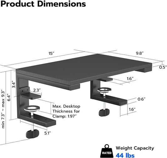 ARES WING Clamp-On Desk Extender & Monitor Shelf – 15" x 9.8" Space Booster, Freestanding or Clamp Mount, Holds 44 lbs, No Drill Desktop Organizer for Office/Gaming, Black