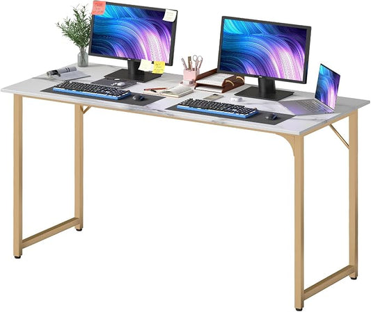 PayLessHere | 55 Inch Computer Desk | White Gold | Office Desk with Metal Frame, Adjustable Feet | Water-Resistant, Scratchproof Surface | Sturdy Writing Table for Home Office or Study | Pack of 1