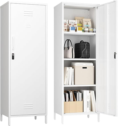 Steehoom Metal Locker Cabinet with Lock, Lockable Steel File Locker with Door and 3 Adjustable Narrow Storage Cabinet Shelves for Living Room, School, Pantry, Garage, Office (White, H59.06'')