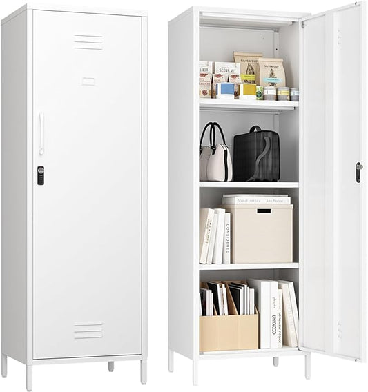 Steehoom Metal Locker Cabinet with Lock, Lockable Steel File Locker with Door and 3 Adjustable Narrow Storage Cabinet Shelves for Living Room, School, Pantry, Garage, Office (White, H59.06'')