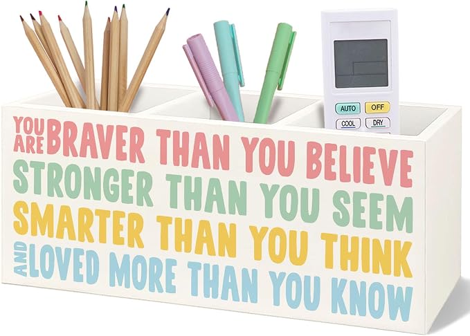 Boho Motivational Wooden Pen Pencil Holder for Desk, You Are Braver Than You Believe Inspirational Quotes Makeup Brush Toothbrush Holder Organizer for Kids Room Nursery Playroom