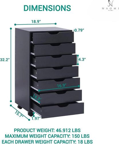 Naomi Home Debbie Office File Cabinet with 7 Drawers, Rolling Storage Organizer for Home Office & Workspace