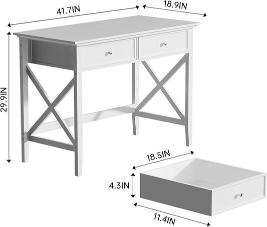 Lewahom White Computer Desk with 2 Drawers, Modern Makeup Vanity Desk with Storage, Writing Desk for Home Office, 42'' Long Study Simple White Desk for Bedroom Console Table Living Room