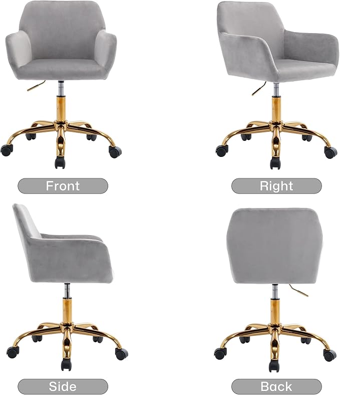 KCC Velvet Office Desk Chair, Comfy Swivel Modern Leisure Armchair with Wheels, Upholstered Comfy Velvet Fabric Makeup Chair Height Adjustable for Teens Women Girls Elegant Home Office, Gray