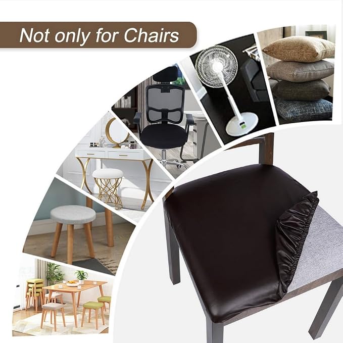 SearchI Waterproof PU Leather Seat Covers for Dining Chairs, 2 Pack Stretch Dining Room Chair Seat Covers, Kitchen Chair Seat Covers Protectors (Deep Brown)