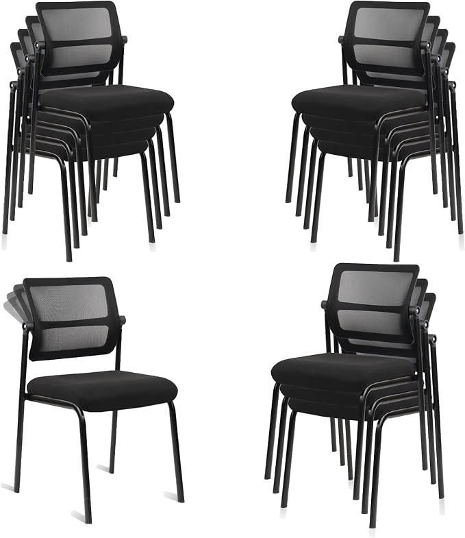 CLATINA 12PK Mesh Stacking Office Desk Chairs, Portable Stackable Bulk Waiting Room Armless Chair with Adjustable Back & Fabric Seat for Guest Lobby Side School Church Conference Break, Black