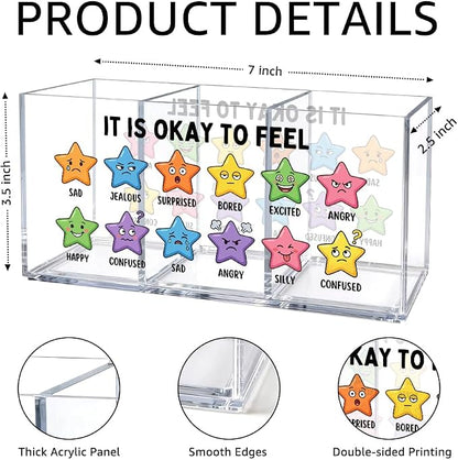 It Is Okay To Feel Acrylic Pen Holder Organizer with 3 Compartments, Mental Health Emotional Desk Organizer Accessory for Psychologist, Office Appreciation Gifts for Therapy Counselor Coworker