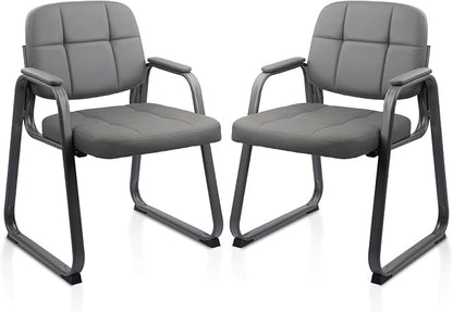 CLATINA Waiting Room Guest Chair with Bonded Leather Padded Arm Rest for Office Reception and Conference Desk Black with Sled Base Grey 2 Pack