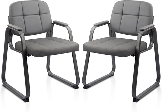 CLATINA Waiting Room Guest Chair with Bonded Leather Padded Arm Rest for Office Reception and Conference Desk Black with Sled Base Grey 2 Pack