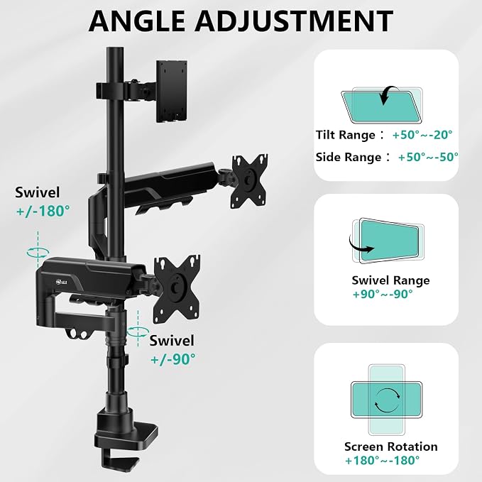 WALI Triple Monitor Mount - Extra Tall 3 Monitor Desk Mount for 17-49 Inch Ultrawide Screens, Up to 44 lbs, Fully Adjustable Heavy Duty Monitor Arm, VESA 75/100 mm (GSDM003-P), Black