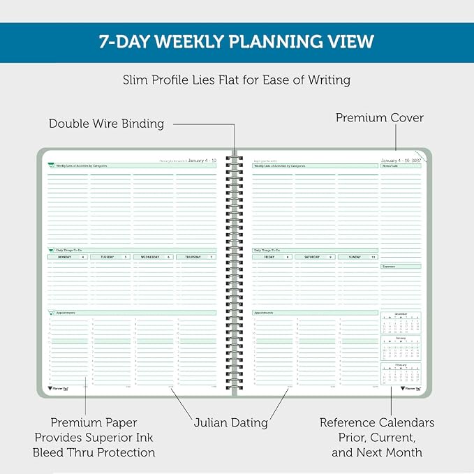 Planner Pad Spiral Bound January-December 2027/ Calender Year 8 1/2" x 11" Large 3-Tier Funnel Down 12 Month/Weekly Organizer, Greenish Grey Cover/Soft Green Ink