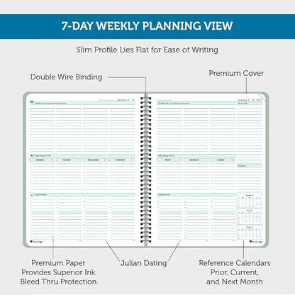 Planner Pad Spiral Bound January-December 2027/ Calender Year 8 1/2" x 11" Large 3-Tier Funnel Down 12 Month/Weekly Organizer, Greenish Grey Cover/Soft Green Ink