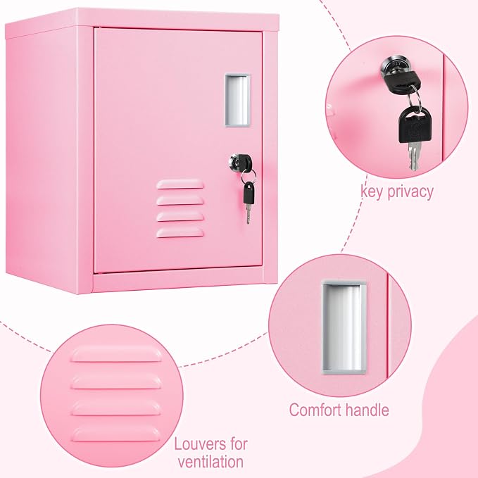 Suzile Lockable Storage Cabinet Metal Lockable Steel Storage Cabinet Organizer Lockers for Employees Vertical Metal Cabinets End Side Table Steel Bedside with Shelf (Pink)