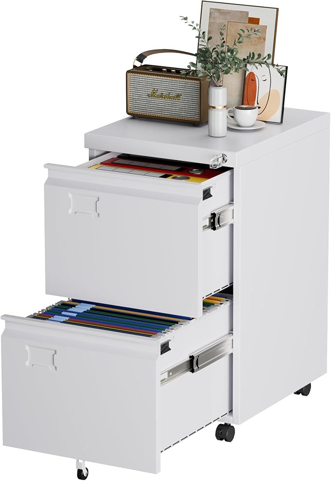 2 Drawer File Cabinet with Lock, Under Desk Metal Rolling Filing Cabinet for Letter/Legal Size Folder, Mobile File Cabinet with 5 Wheels (Anti-Tilt) for Home Office, Assembly Required, White