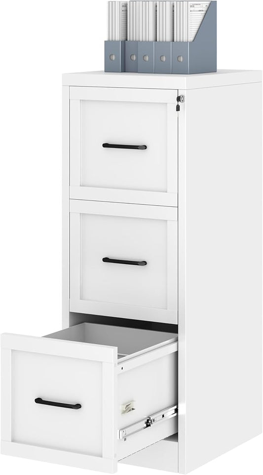 Ckzbx 3 Drawer File Cabinet with Lock, Narrow Vertical Filing Cabinet, Under Desk File Cabinets,White Metal File Cabinets for Home Office,Fit Letter/A4/Legal Size File