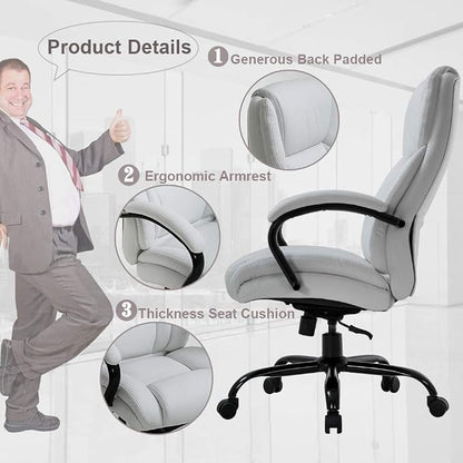 Office Chair 500lbs Wide Seat Ergonomic Desk Chair PU Leather Computer Chair Task High Back Executive Chair with Lumbar Support Armrest Adjustable Chair for Heavy People, White