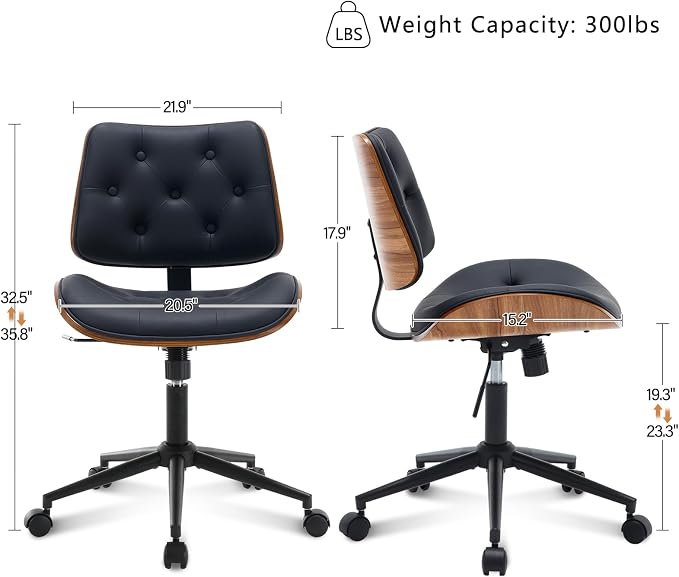 BV Armless Desk Chair with Wheels, 360 Swivel Home Office Chair No Arms, Height Adjustable Task Chair for Small Space, PU Leather Office Chair, Rolling Chair for Reading Room, Conference Room, Black