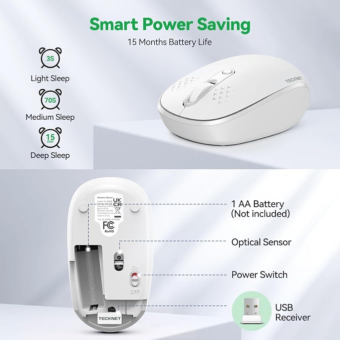 TECKNET Wireless Mouse for Laptop, 2.4G Quiet Computer Mouse with USB Receiver, 4 Buttons Portable Cordless Mice for Chromebook, Laptop, PC, Mac, 800/1200/1600 DPI - White
