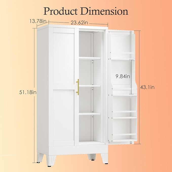 White Pantry Storage Cabinet, 48" Kitchen Pantry with Doors and 3 Adjustable Shelves, Metal Freestanding Buffet Cupboards Sideboard, for Office, Home, Garage, School