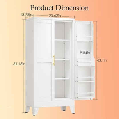 White Pantry Storage Cabinet, 48" Kitchen Pantry with Doors and 3 Adjustable Shelves, Metal Freestanding Buffet Cupboards Sideboard, for Office, Home, Garage, School