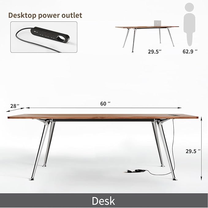 60-Inch Executive Desk, Modern Desk for Home Office, Wooden Study Writing Work Table with Power Outlets and USB-C Port, Large Legroom, Sturdy Metal Frame, Mid-Century Modern Simple, Walnut Brown