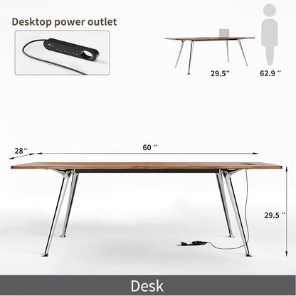 60-Inch Executive Desk, Modern Desk for Home Office, Wooden Study Writing Work Table with Power Outlets and USB-C Port, Large Legroom, Sturdy Metal Frame, Mid-Century Modern Simple, Walnut Brown