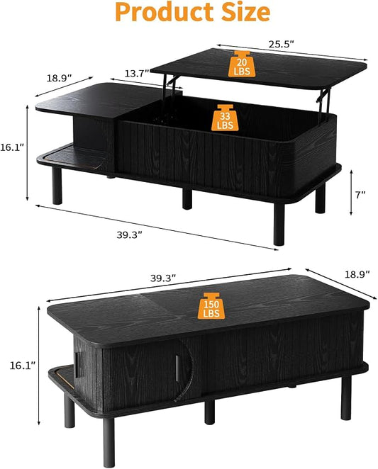 TV Stand and Coffee Table Set of 2, Mid Century Modern Lift Top Coffee Table, TV Console Table Living Room Table Sets for Living Room, Bedroom, Home Office, Black