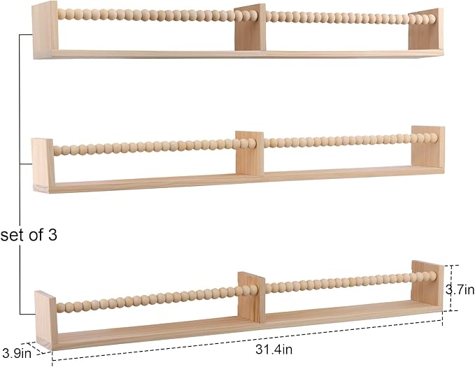 birola Nursery Book Shelves for Kids Rooms - 32 Inches Wall Book Shelves Set of 3, Space-Saving Nursery Shelves with Beads Design for Kids Room, Bedroom and Study Room(Natural)