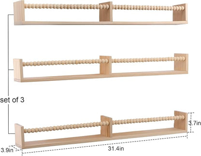 birola Nursery Book Shelves for Kids Rooms - 32 Inches Wall Book Shelves Set of 3, Space-Saving Nursery Shelves with Beads Design for Kids Room, Bedroom and Study Room(Natural)