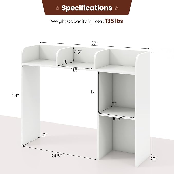 GOFLAME 5 Shelves Desktop Bookshelf, Wood Desk Hutch Dorm for Computer Desk, Countertop Display Rack, 3-Tier Desk Storage Organizer Shelf for Dormitory, Home Office, Study, White