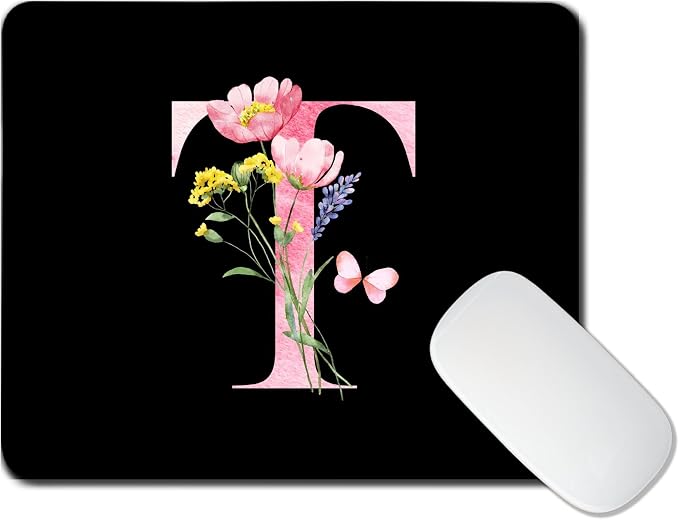 Mouse Pad Pinks Flowers Initial Letters Mousepad Desktop Laptop Computer Accessories Home Office Gaming Work Desk Computer Non-Slip Rubber Monogram Floral Alphabet A-Z mousepad (T)