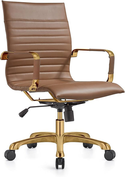 LeisureMod Harris Modern Ergonomic Executive Office Chair, High-Back Leather Conference Desk Chair with Adjustable Height, Tilt Control, 360° Swivel & Gold Frame for Home Office
