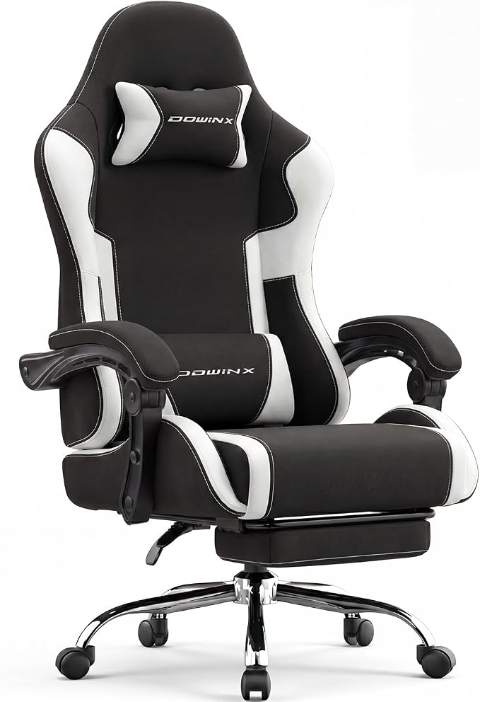 Dowinx Ergonomic Gaming Chair with Footrest & Massage Lumbar, 2D-Linkage Armrests for Computer Chair 330lbs with Headrest Pillow for Office, Home, Streaming and Long Gaming Sessions, Fabric White
