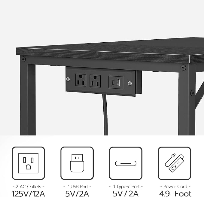HOOBRO Computer Desk, Home Office Desk with Power Outlet, Modern Study Writing Desk with 3 Hooks for Study Room, Home Office, Sturdy and Stable, Easy to Assemble, Black BB40UDN01