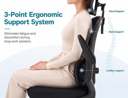 Ergonomic Office Chair with Adjustable Headrest & Lumbar Support, High Back Mesh Desk Chair, 330 LBS Capacity Swivel Computer Chair with Flip-Up Arms, Home Office Gaming Chair(Black)
