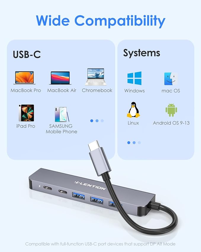 LENTION 6-in-1 USB C Hub, 4K@60Hz HDMI, 100W PD, 3 USB 3.0, USB-C Data | Ideal for Work & Study, Stable Driver 3.0 Adapter, Compatible with macOS, iOS/iPadOS, Windows & ChromeOS (CE35p, Space Gray)