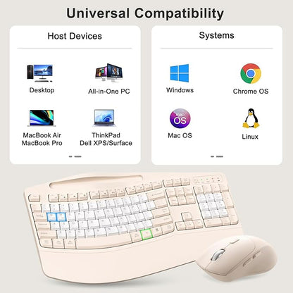 Wireless Keyboard and Mouse Combo, 2.4G Full Size Wave Keys Ergonomic Keyboard with Wrist Rest, Phone Holder, 3-Level DPI Wireless Silent Mouse with 6-Buttons, for Windows (Milk Tea-B)