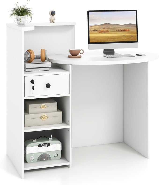 Tangkula Reception Desk, Front Counter Desk with Lockable Drawer & Adjustable Shelf, Oval Desktop, Retail Counter for Checkout, Computer Workstation for Salon Lobby Home Office