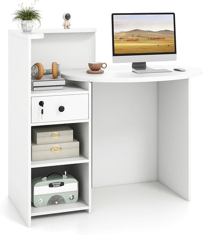 Tangkula Reception Desk, Front Counter Desk with Lockable Drawer & Adjustable Shelf, Oval Desktop, Retail Counter for Checkout, Computer Workstation for Salon Lobby Home Office