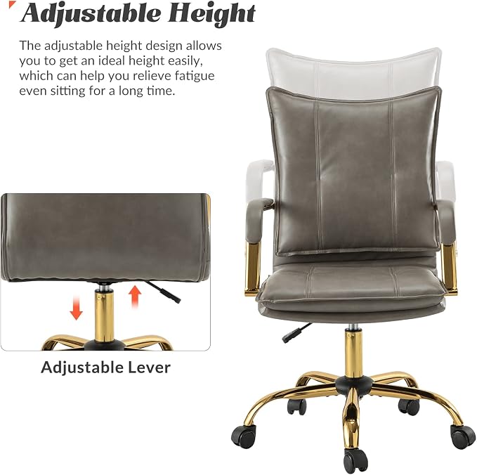 HULALA HOME Faux Leather Home Office Desk Chair, Adjustable Swivel Computer Chair with Golden Legs and Arms, Comfy Upholstered Task Chair, Grey