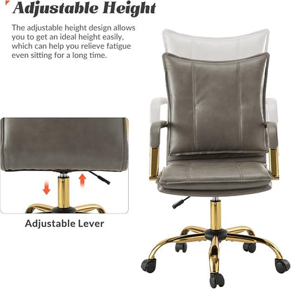 HULALA HOME Faux Leather Home Office Desk Chair, Adjustable Swivel Computer Chair with Golden Legs and Arms, Comfy Upholstered Task Chair, Grey