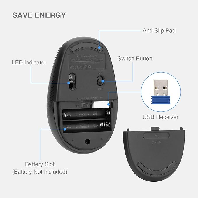 Rii Wireless Mouse RM700 2.4G Silent Mouse with USB Receiver for Laptop,PC,Mac,Chromebook,Windows (Black)