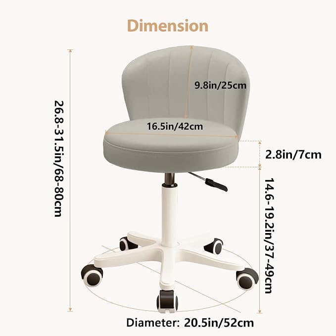 Small Desk Chair Round Rolling Chair with Back PU Leather Height Adjustable Swivel Vanity Work Computer Stool Chair for Home Office Bedroom