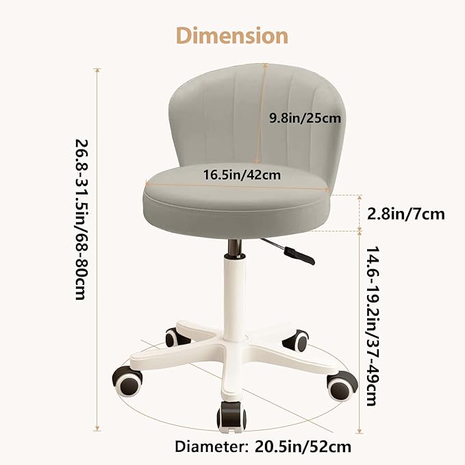 Small Desk Chair Round Rolling Chair with Back PU Leather Height Adjustable Swivel Vanity Work Computer Stool Chair for Home Office Bedroom, Set of 2