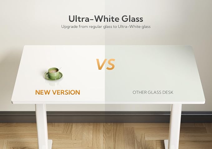 Claiks White Glass Standing Desk, 55x24 Inch Adjustable Height Electric Stand Up Desk, Quick Install Home Office Computer Desk, Super White