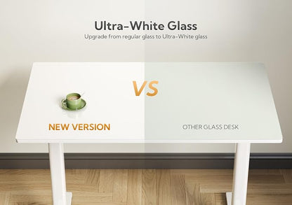 Claiks White Glass Standing Desk, 55x24 Inch Adjustable Height Electric Stand Up Desk, Quick Install Home Office Computer Desk, Super White