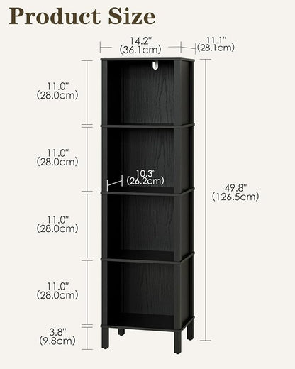 Bookshelf, Modern 5-Tier Bookcase, Open Storage Book Shelf, 11 × 14.2 × 50.4 Inches, Small Narrow Bookshelves for Living Room, Home Office, Bedroom, Black